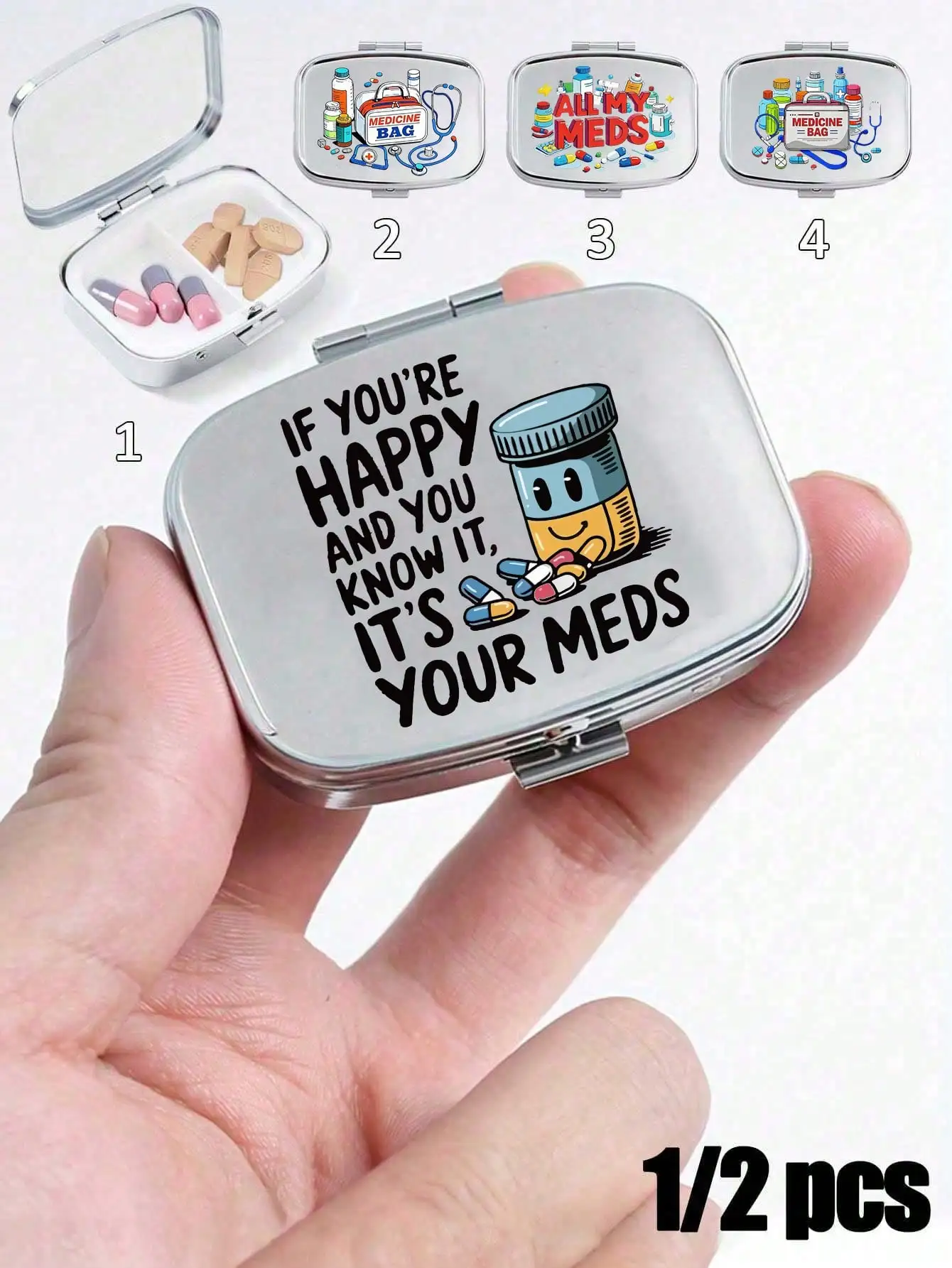 

Pill Pattern Pill Box, Pill Letter Pattern, Portable Medication Storage Compartment, Mini Metal Storage Box, Portable Jewelry And Pill Box, Personalized Creative Gift, Bow Tie, Nurse Cap, Pill Bottle Pattern, Suitable For Travel, Outdoor Activities, Bags,