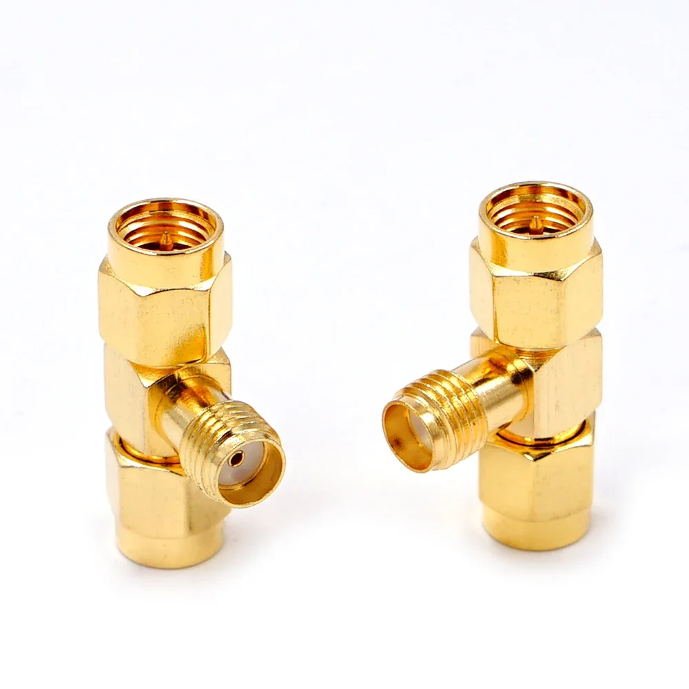 10pcs T Type SMA Female Jack to 2 SMA Male Plug RF Coaxial Connector 3 Way Splitter Antenna Converter Gold-Plated Brass