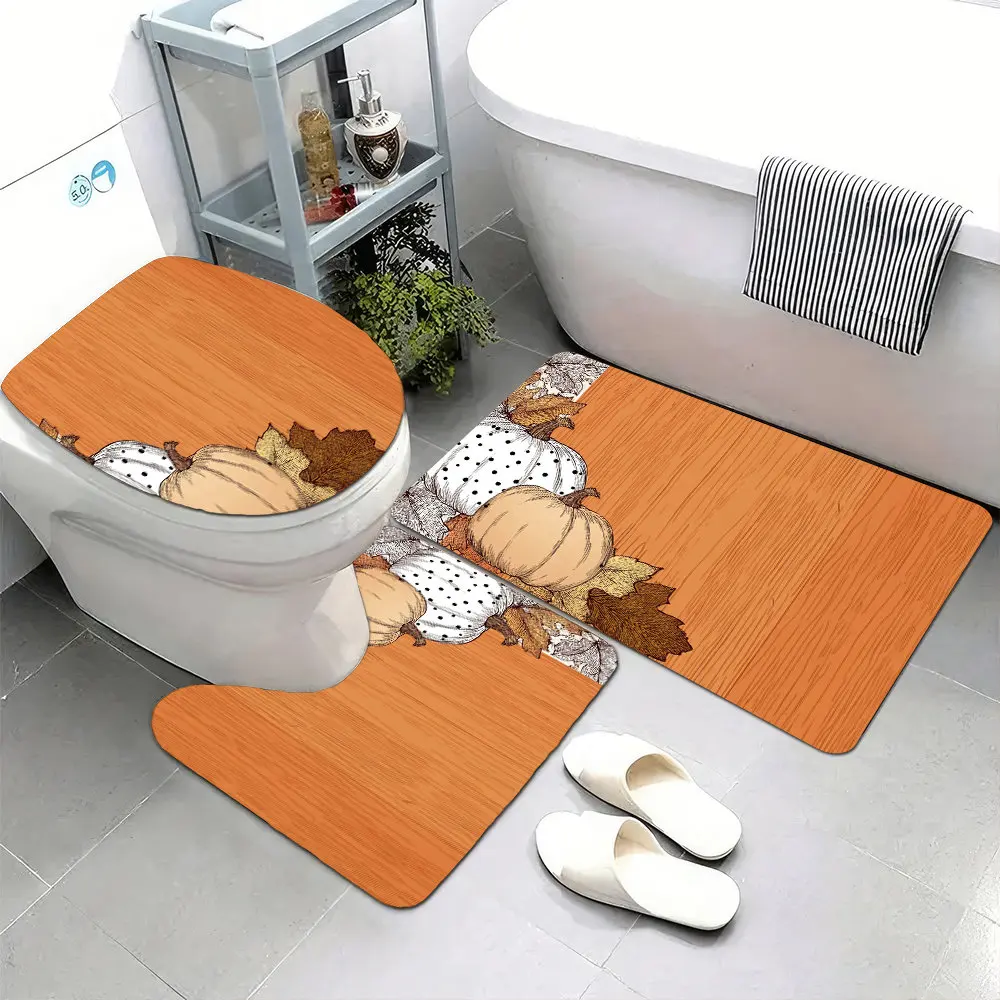 

Набор из 3 супермягких ковриков для ванной комнаты - нескользящая основа, принт с тыквами и листьями, можно стирать в машине, полиэфирное волокно, идеально подходит для ванной.