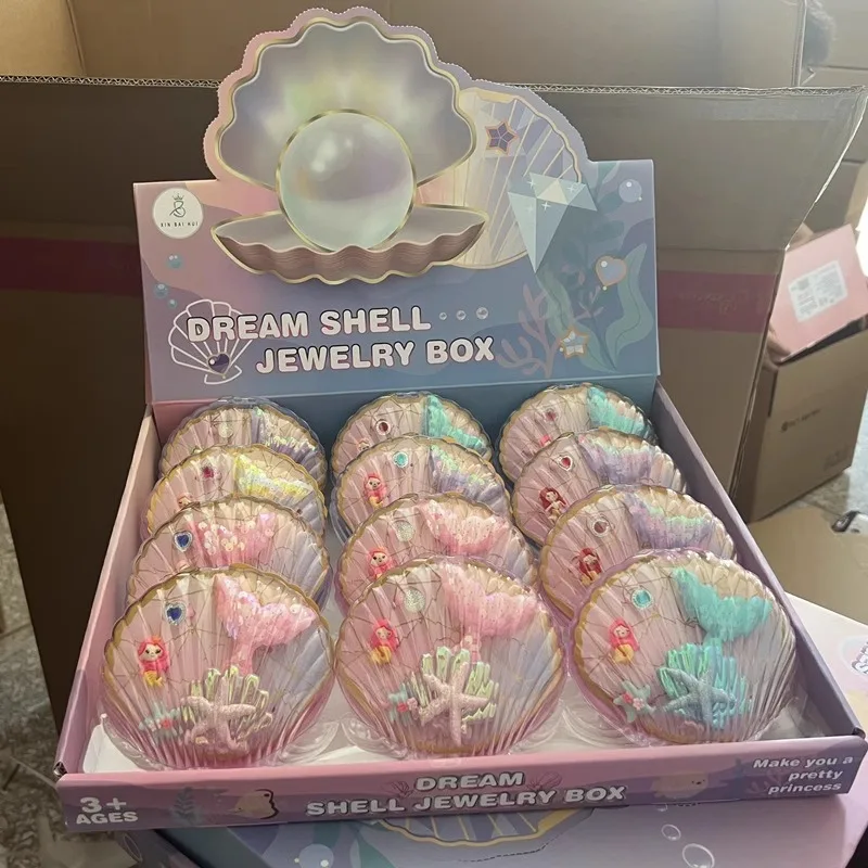 12 Boxes of Girls' Shell Mermaid Hairpins Jewelry Box Playing Toys Imitation Ring Storage Box Treasure Chest Gifts for Girls