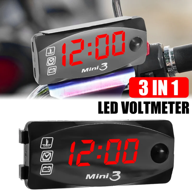 LED 3 In 1 Voltmeter Set Motorcycle Electronic Clock Digital Display VoltmeterWatch IP67 Waterproof Dustproof Motor Thermometer