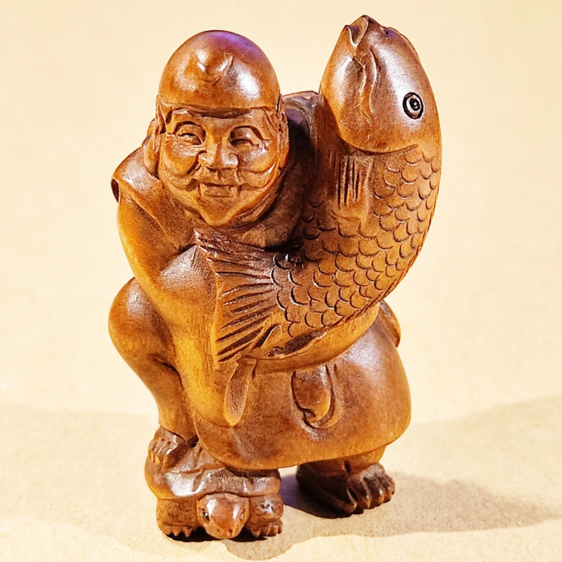 

Y8666 - 2" Hand Carved Japanese Boxwood Netsuke Figurine - Ebisu Fishman