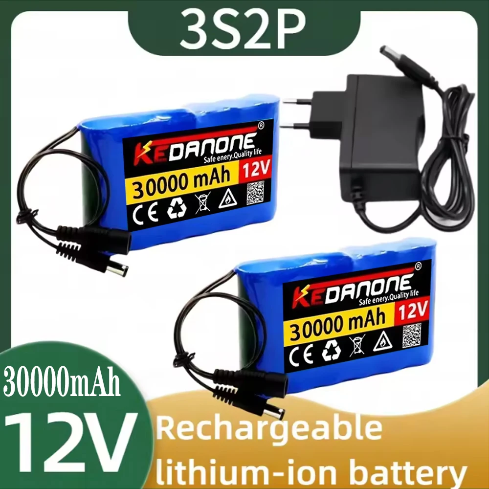 

12V 30000mah Portable 3S2P 18650 RechargeableLi-Ion lithium battery12v For LED Lamp LightBackup Powe Etc+ Charger