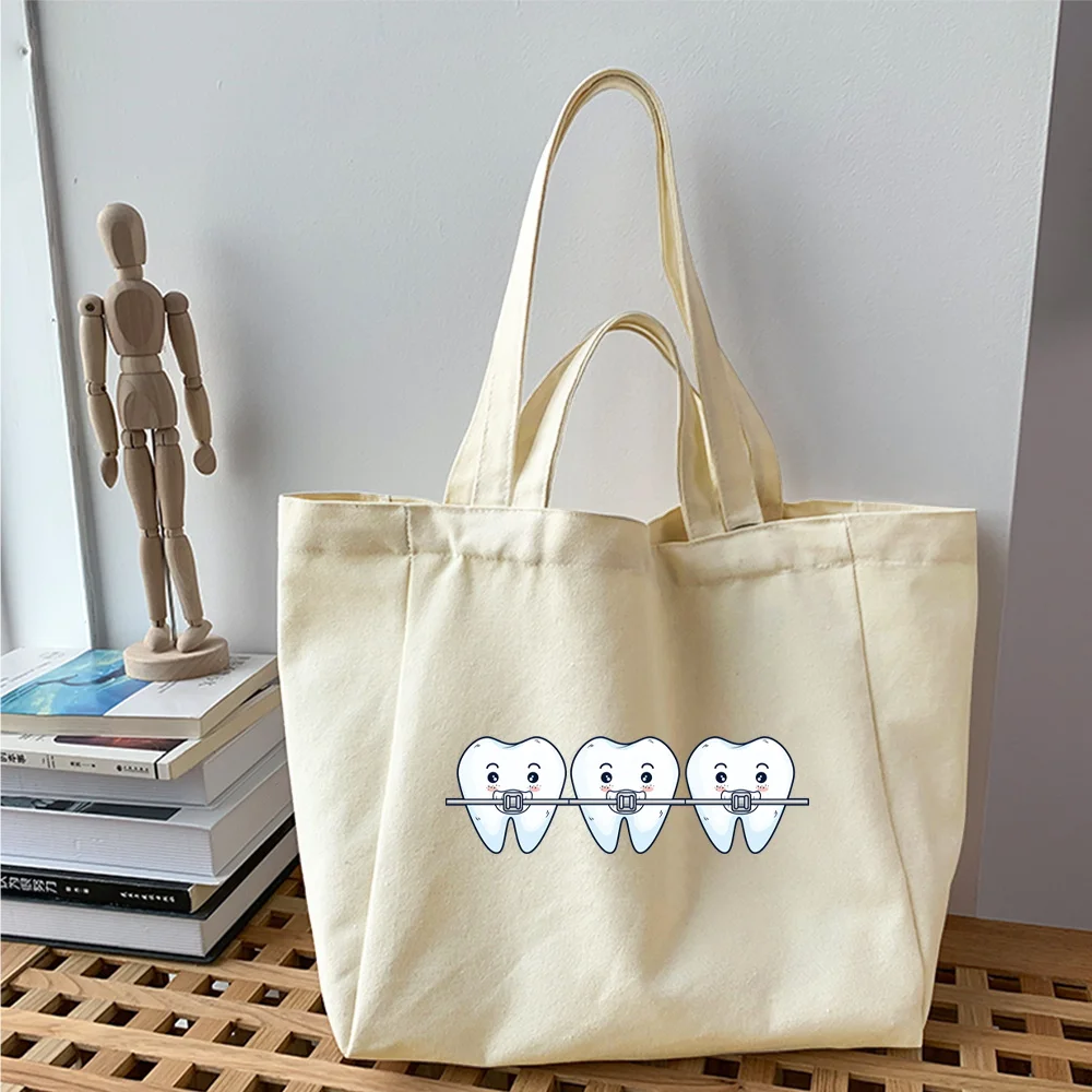 Canvas Shopping Bag Female Teeth Series Shoulder Bag Women New Eco Handbags Tote Reusable Grocery Shopper Bags Students Book Bag