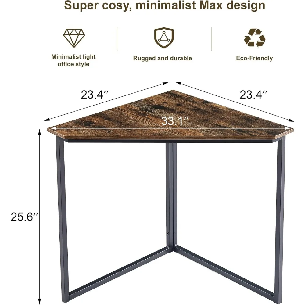 Kompaktowe biurko narożne w kształcie trójkąta do salonu i małych przestrzeni z metalową ramą i obszarem do pisania