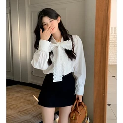 Sweet and Versatile Lace White Shirt for Women Loose and Slimming Bow Tie Long Sleeved Top