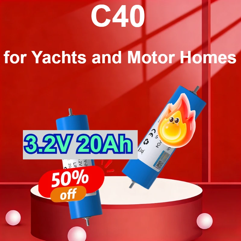

New 3.2V 20Ah C40 Cylindrical LiFePO4 Battery Cell Grade A Power & Energy Storage Battery for Yachts and Motor Homes