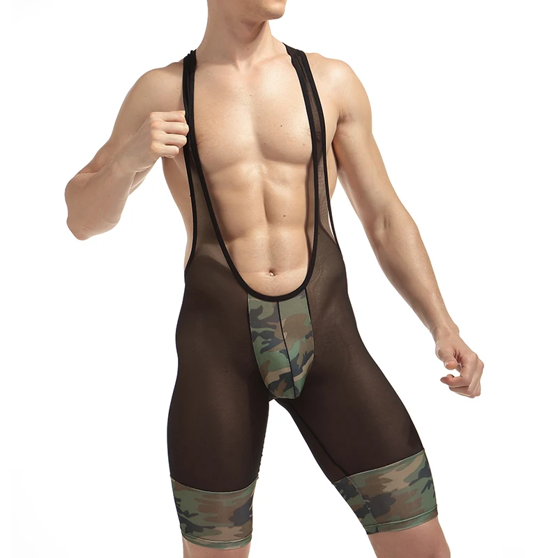 Camouflage Singlet Wrestling Men Transparent Sexy Underwear Bodysuit Gyms Tank Top Stretchy Intimate Lingerie Jumpsuits Long Leg