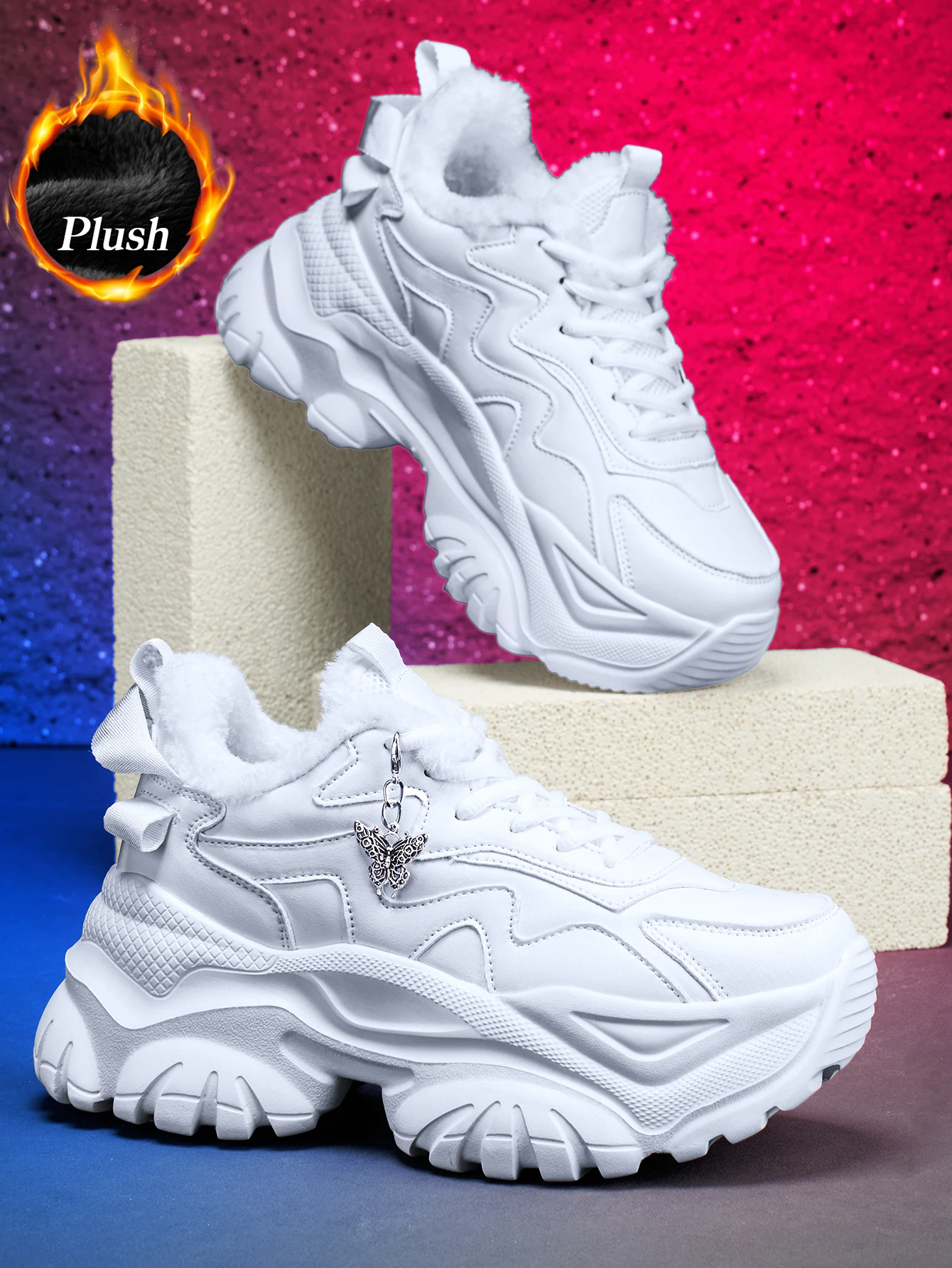 Damen-Winterschuhe für den Außenbereich, modische, vulkanisierte Schuhe, Eva, leicht, mit dicker Sohle, 7 cm Absatzhöhe, lässige Sneaker mit abnehmbarem, silberfarbenem Schmetterlingsanhänger im Punk-Stil, bequeme und warme weiße Schuhe für den täglichen Gebrauch. – Detail 6