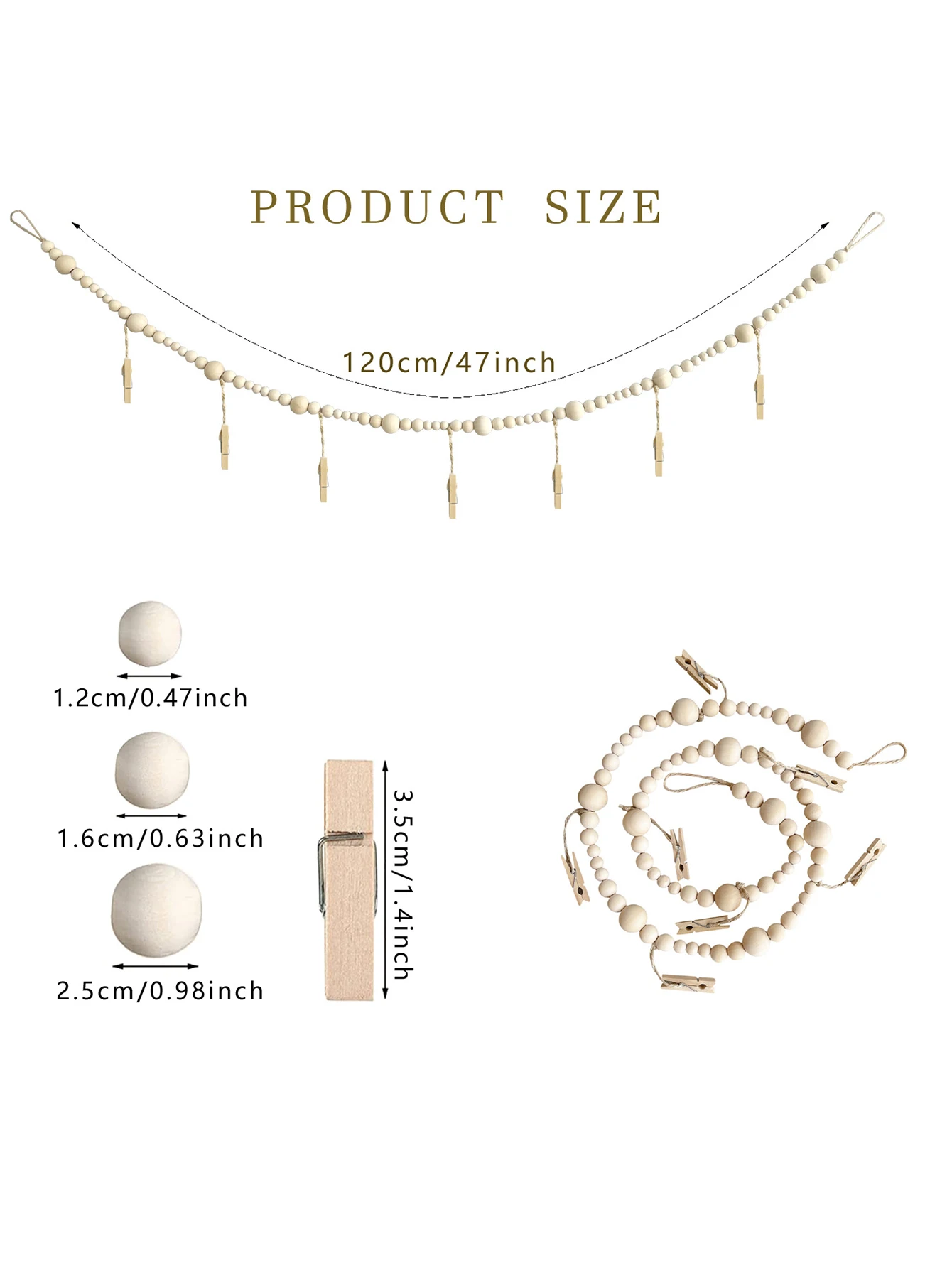 Wooden bead wall hanging photo display rack, home decoration photo storage, tassel string wall decoration photo rack