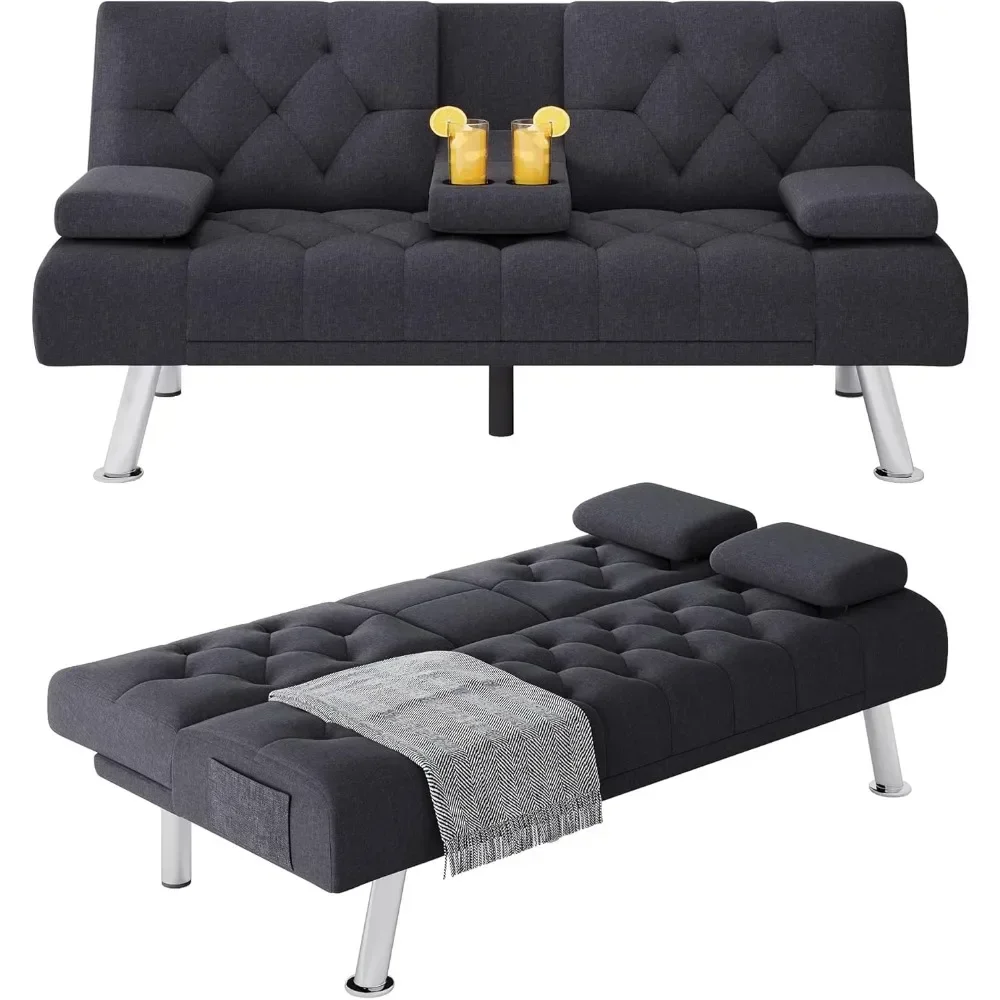 

Upholstered Convertible Folding Sleeper Sofa Bed with Removable Armrests, Modern Futon Couch, 2 Cupholders, Metal Legs