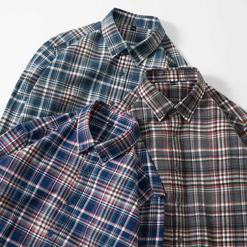 

Double-Sided Brued Pure Cotton Men's Casual irt Spring New Sle Breathable Comfortable Skin-Friendly Long Sve Plaid S...