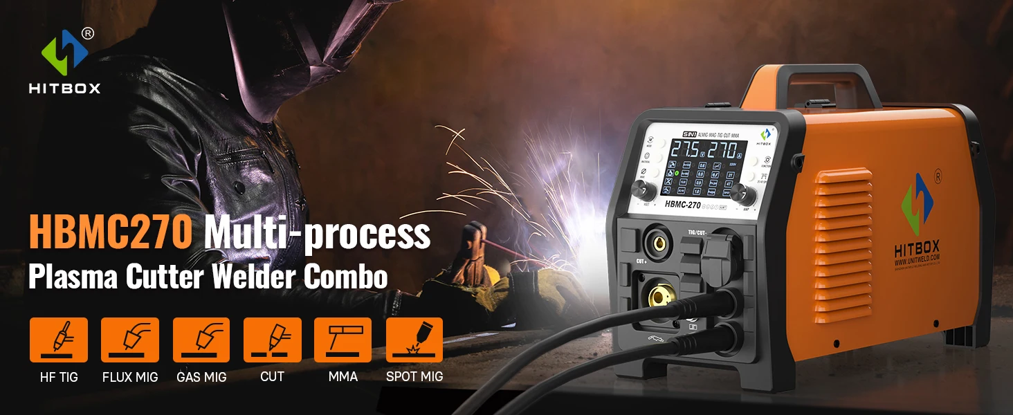 HITBOX HBMC270 MIG-Schweißgerät 220V 6-in-1 Multiprozess-Schweißgerät Aluminium MIG Gas Gaslos MMA HF TIG Punktschweißen Plasmaschneider 2T 4T Funktion Tragbares Inverter-Schweißgerät – Detail 1