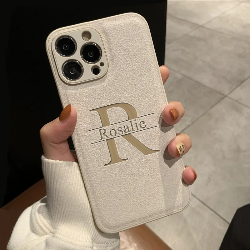 

Personalized Customized Initials Name Case For iPhone 17 16 15 14 13 12 11 Pro Max Plus Big Letter Laser Engraving Leather Cover