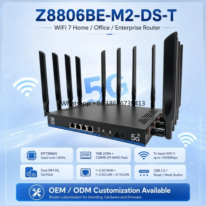 Ultra Fast WiFi 7 Tri-Band Router 19000Mbps MT7988 Quad-Core CPU 2.5G WAN Dual SIM 5G CPE