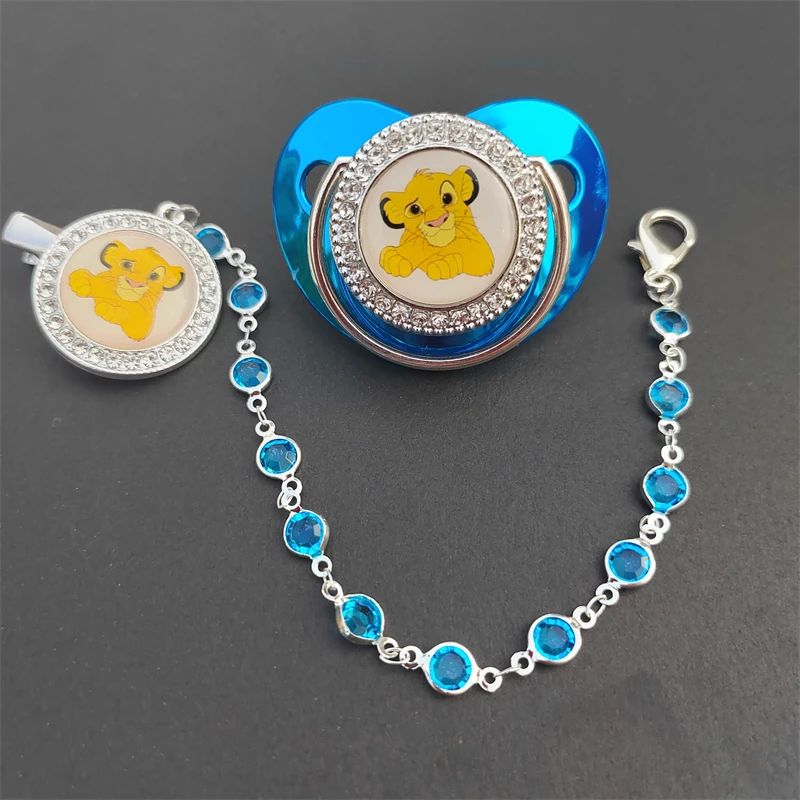 The Lion King and Simba Disney Print Blue Rhinestones Bling Mouth Clip and Pacifiers with Cover Set Silicone BPA Free Baby Gifts