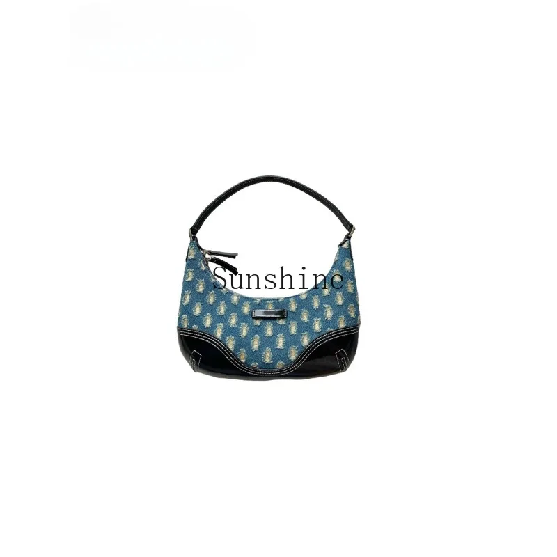 

Underarm retro contrasting denim shoulder crescent bag