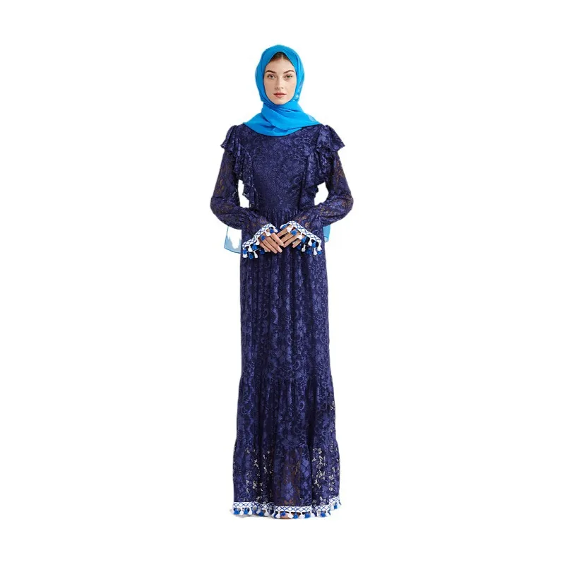 New Middle East Arabian Tassel Cake Dress Solid Color Muslim Elegant Loose Pakistan Clothing for Women