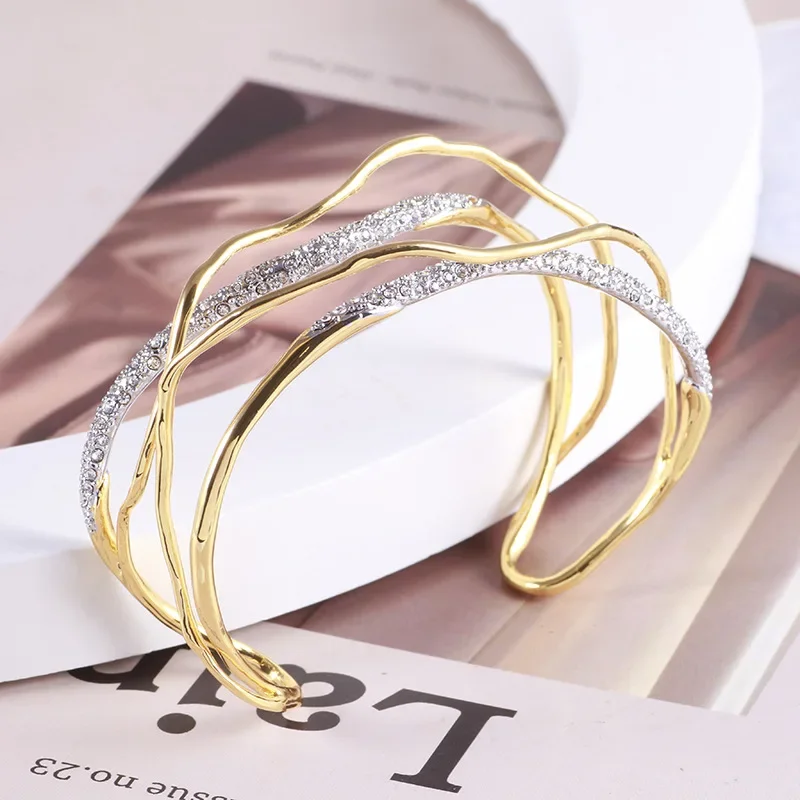 Designer Original Charm Irregular Line Rhinestone Inlaid Open Bangles for Women Fashion High-end Sexy Party Women's Bangles