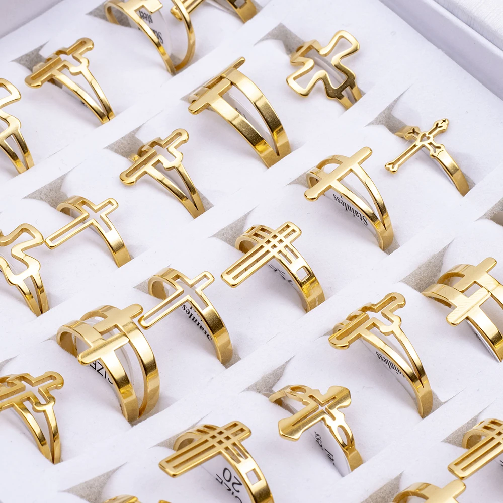 36Pcs/Lot Wholesale Stainless Steel Ring For Hollow Cross Jewelry Charms Finger Decoration Gift