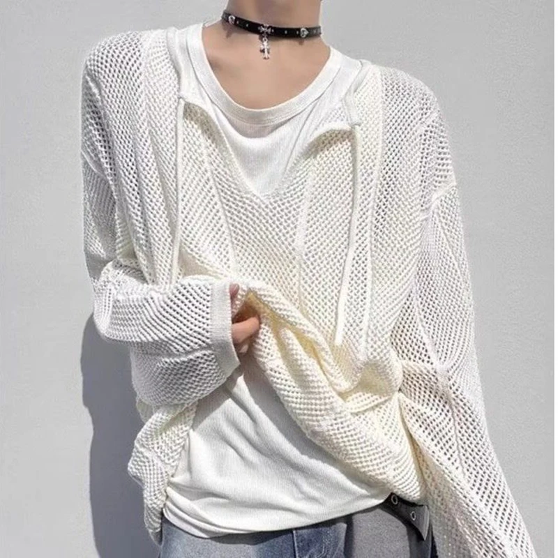 Fall Hollow Out Men Long Sleeve Drawstring T Shirt Korean Fashion Casual Punk Personality All-match Loose Knitted Clothing White
