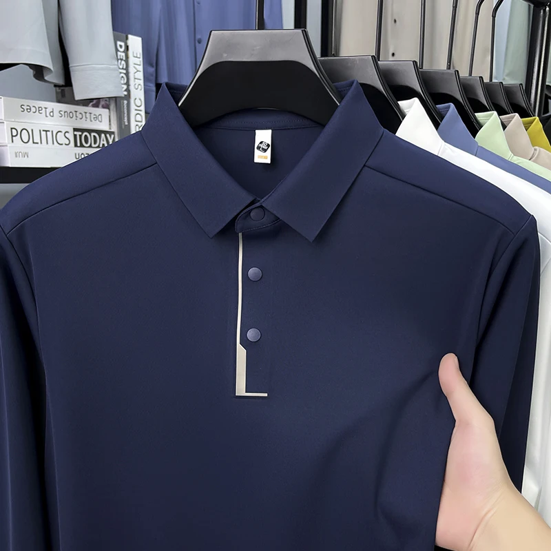 

2026 new spring and autumn men's seamless ice silk long sleeved t-shirt polo shirt solid color casual collar no iron top