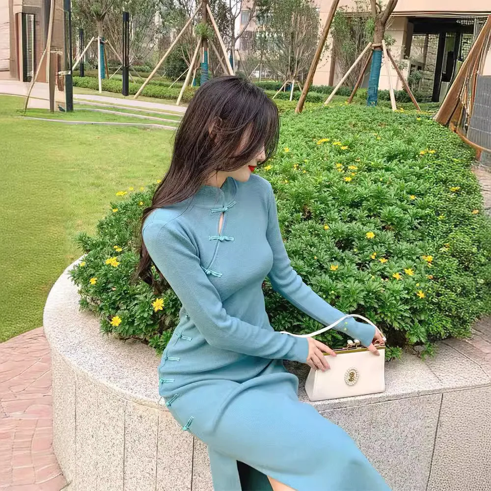 

6589 Китайское ~ воротник-стойка на пуговицах, изогнутое красивое платье Cheongsam с разрезом в национальном стиле, внутренняя длинная юбка для женщин