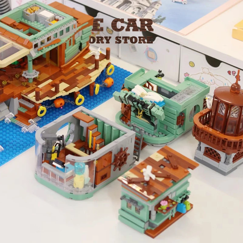 Villaggio di pesca cabina casa Micro mattoni modello negozio di pescatori mattoni MOC set City View Wharf Building Toys regali per bambini adulti