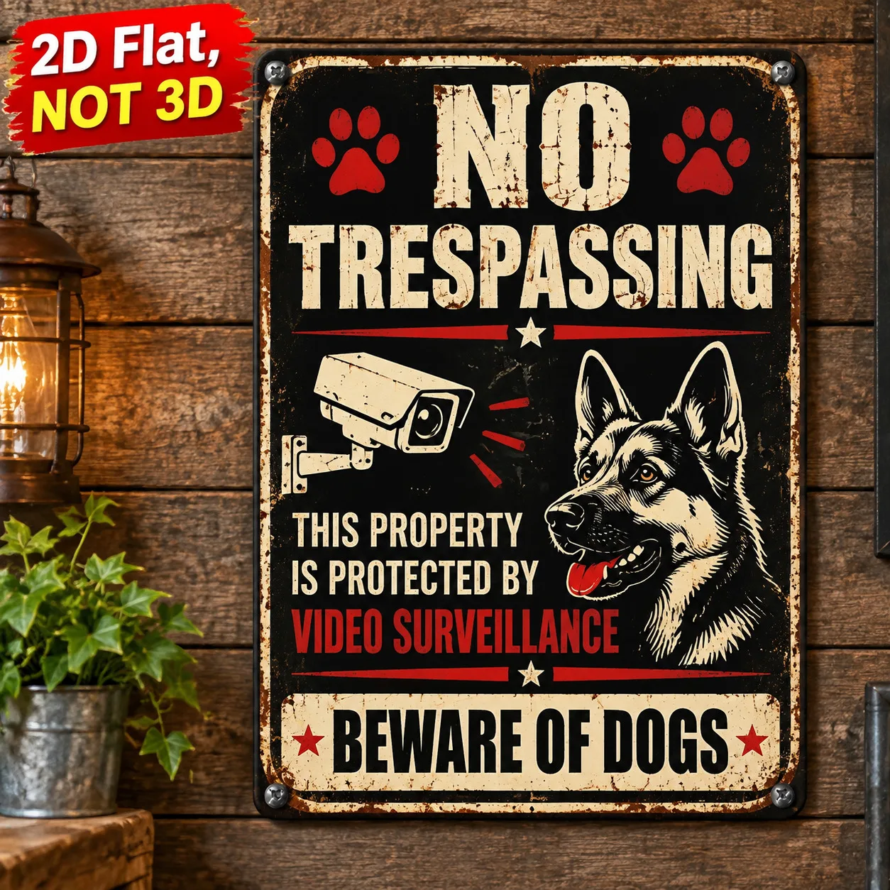 2D Flat 1pc Aluminum No Trespassing Beware Dogs Video Surveillance Plaque Vintage Hanging Wall Art