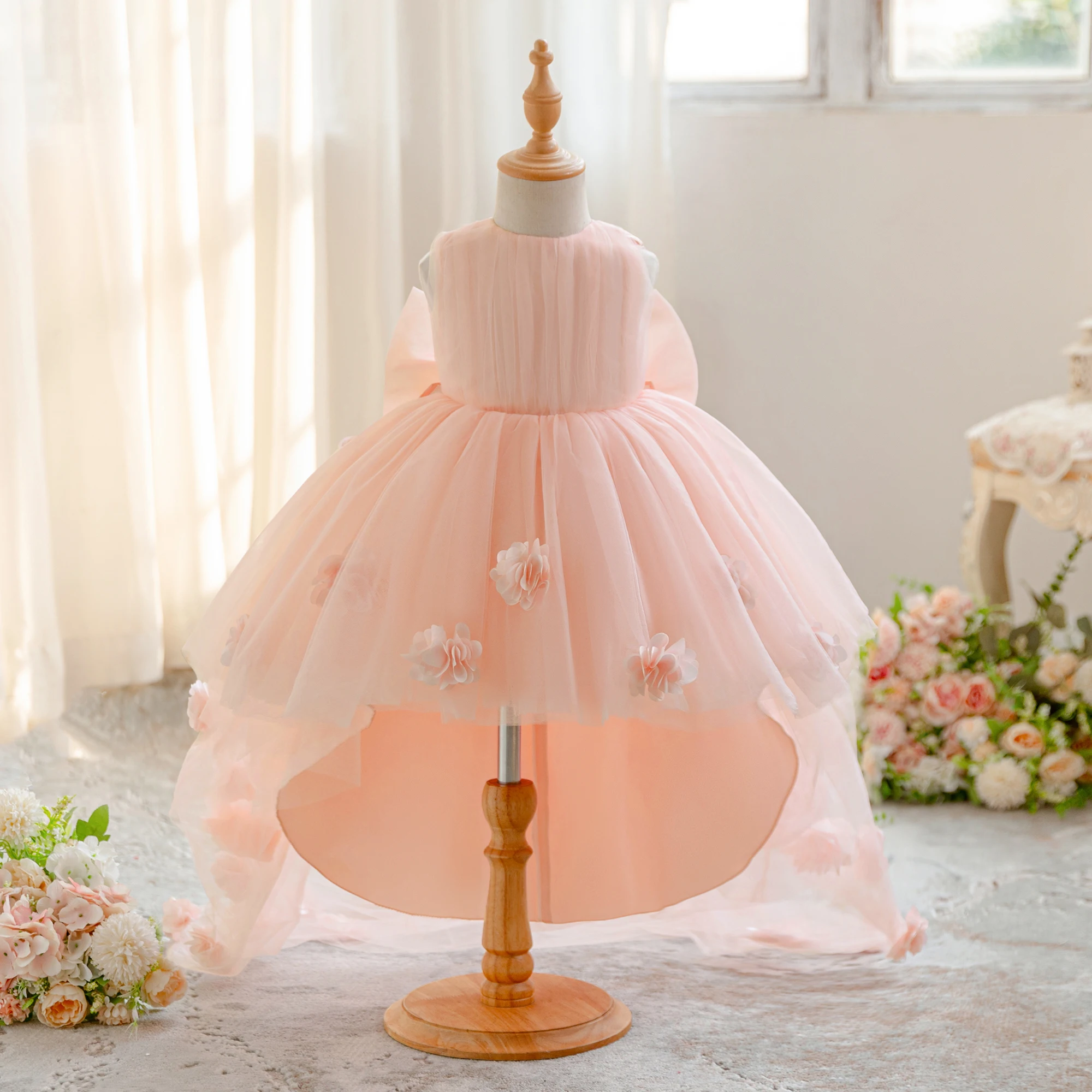 Girl's applique trailing fluffy skirt floral mesh princess dress holiday birthday party performance piano dress