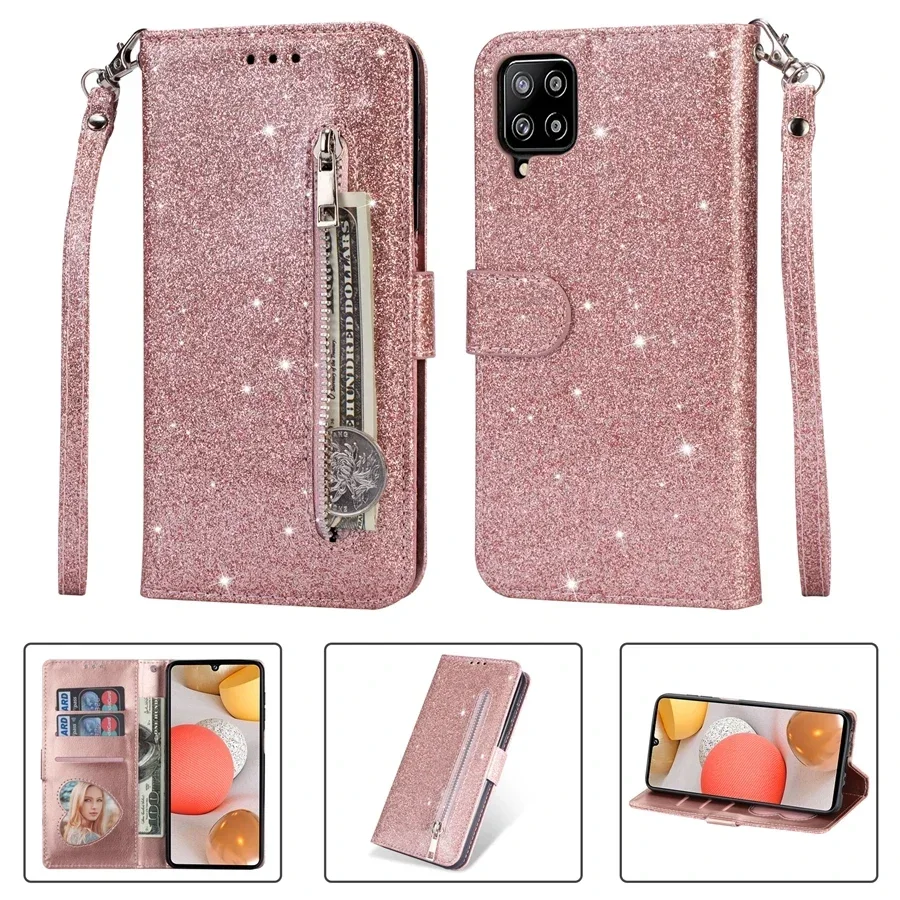 Wallet Glitter Zipper Leather Case For Samsung Galaxy A02s A05s A06 A12 A13 A14 A15 A16 A25 A32 A33 A34 A35 A52 A53 A54 A55 A71