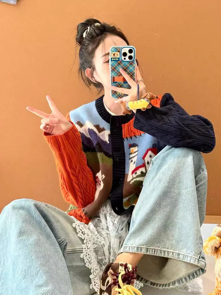 

Retro Scenic Splice Knitted Sweater Cardigan Women's round Ne 3D Twist Flower Warm Casual Loose Fit Long Sve Coat