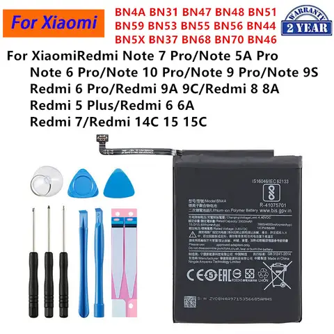 Bateria BN4A BN5X BN37 BN68 BN70 BN46 para Xiaomi Redmi Note 7 6 5A 9 9S 10 Pro Redmi 9A 9C 8 8A 5 Plus 6 6A 7 Redmi 14C 15 15C