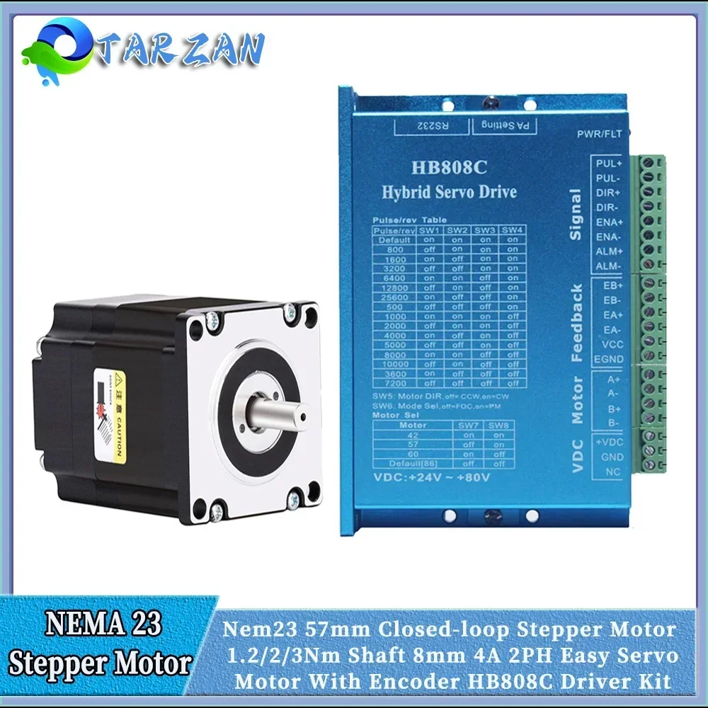 Nem23 57mm Closed-loop Stepper Motor 1.2Nm /2Nm /3Nm 4A 2PH Shaft 8mm With Encoder Hybrid Servo Driver HB808C 3M Cable For CNC