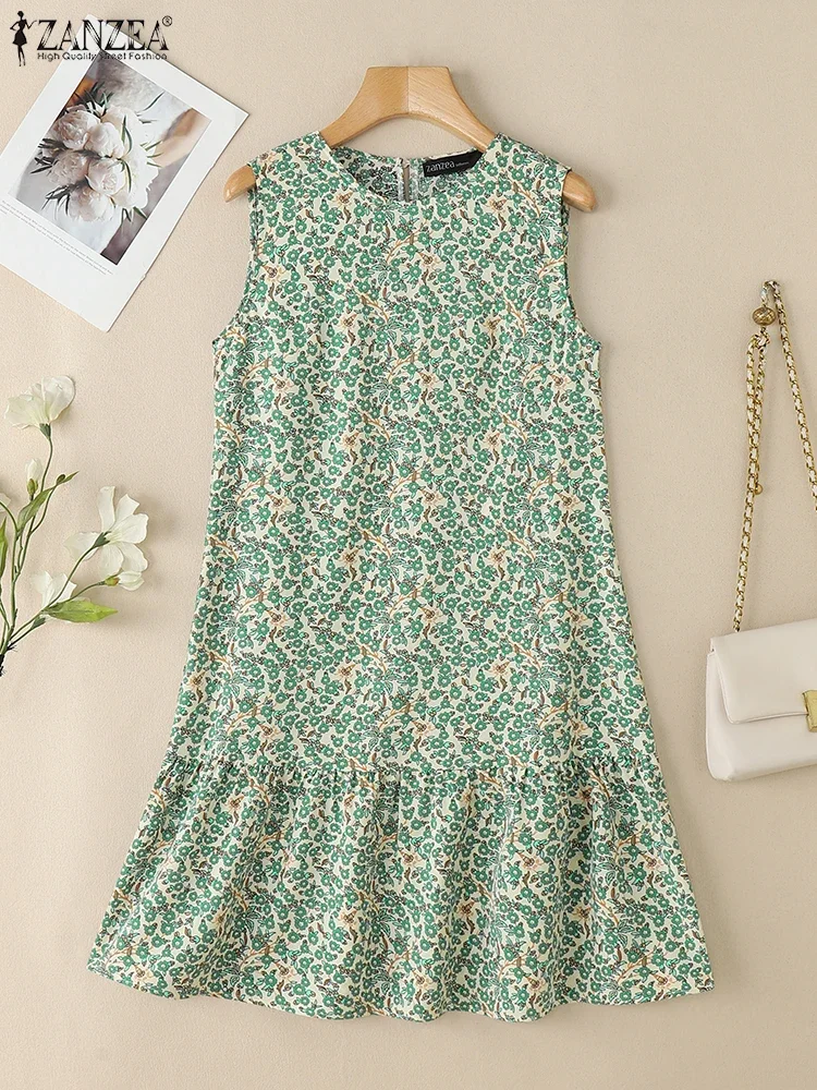 ZANZEA สตรี Casual Ditsy ดอกไม้พิมพ์เข่าความยาวชุดแฟชั่น O-คอแขนกุด Ruffled Hem Robes Femme ฤดูร้อน Sundress