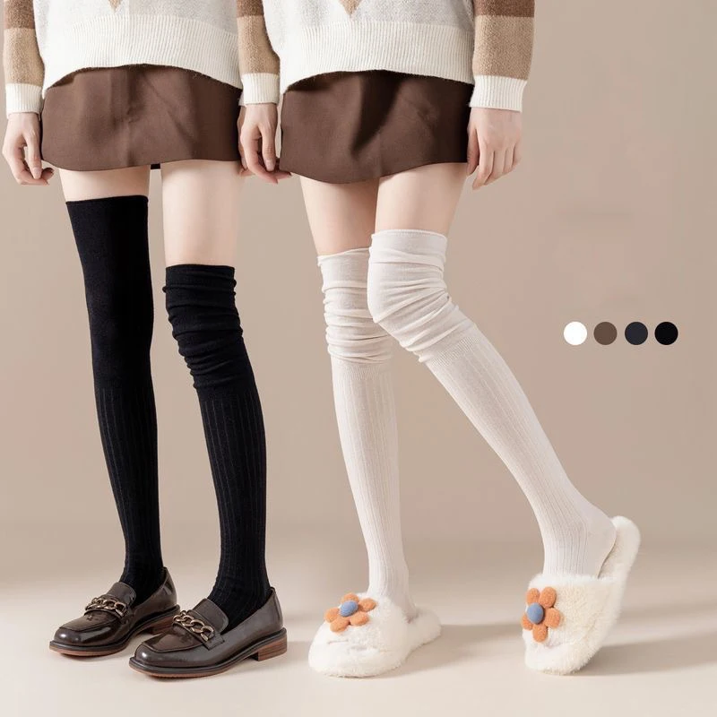 Autumn Woolen Knitted Long Socks JK Stockings For Women Girl Leg Warmer Solid Color Thigh High Stockings Over Knee Socks