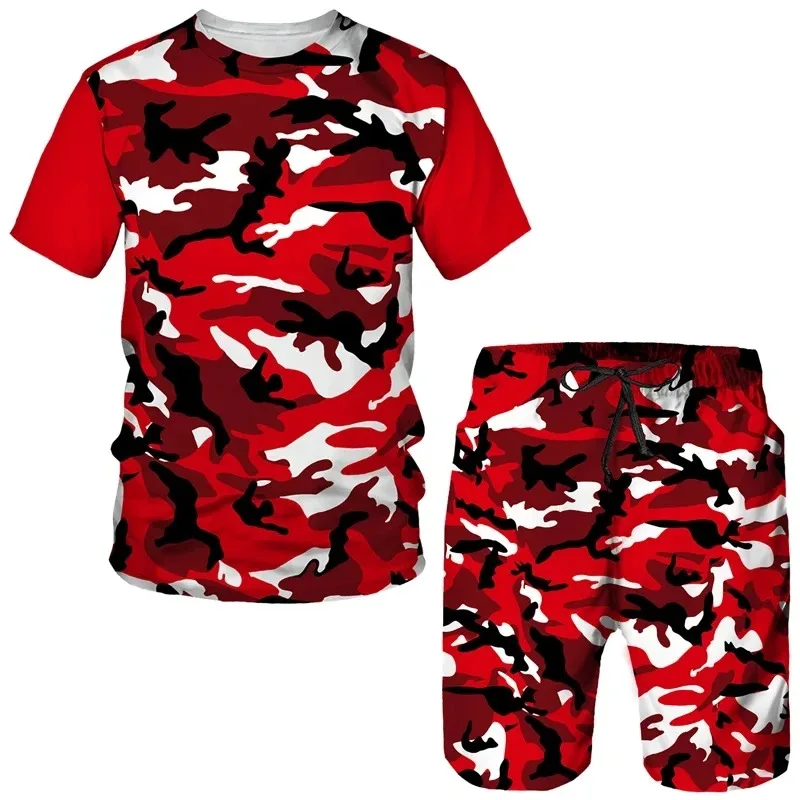 2025 3D Camouflage Printed Casual Round Neck Sports Suit Summer Men's Short Sleeved Shorts Clothing Street T-shirt Two-piece Set
