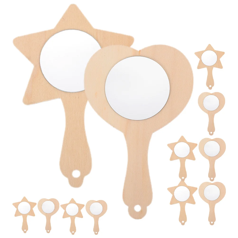 12Pcs Kids Unpainted Wooden Mirrors DIY Handheld Mirrors Blank Mirror Set for Painting Craft Educational Hand Mirror