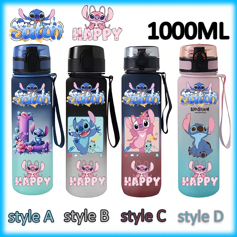1000ML Disney Lilo&Stitch Pink Blue Black Cup Gradient Angel Stitch Bottle Peripheral Student Adult Gourde Drinking Cup Gift
