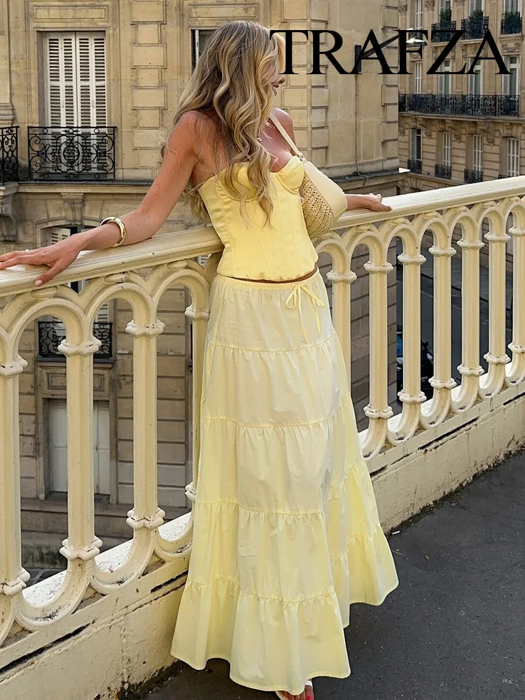 

TRAFZA Women 2025 Fashion Versatile Solid Cotton Layered Spliced ​​Long Skirt Female Elegant Mid-waist Bow Lace-up Slim Skirt