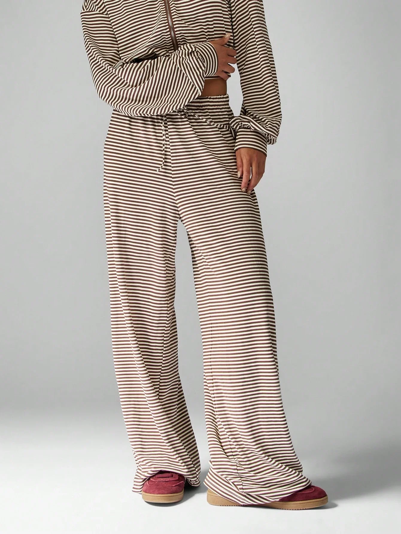 

Cozy Striped Two Piece Set Zip Up Jacket Wide Leg Pants High Waist Drawstring Fall Winter Casual