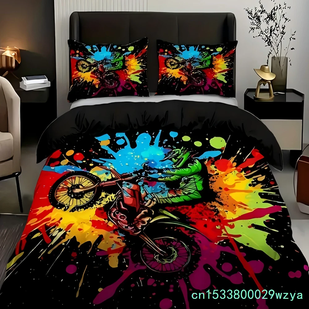 Extreme Sports Color Tie Dye Dirt Motorcycle 3D Print For Boys Men Bedding Cover Pillowcase Colorful Graffiti Style Duvet Cover