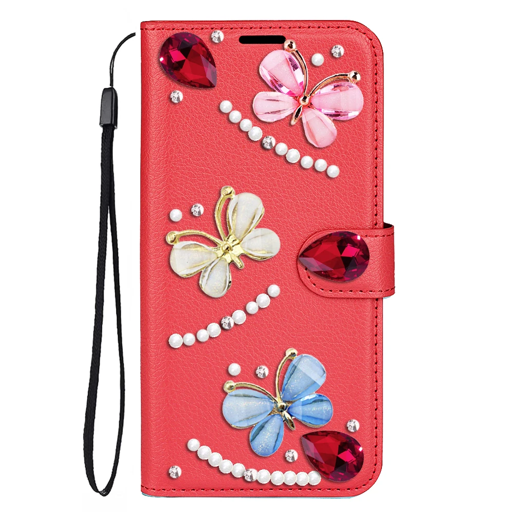 

Red Leather Cover Flip Case for iPhone 15 14 Butterfly 11 13 12 Pro Max Magnetic Phone Wallet Handmade customization Case