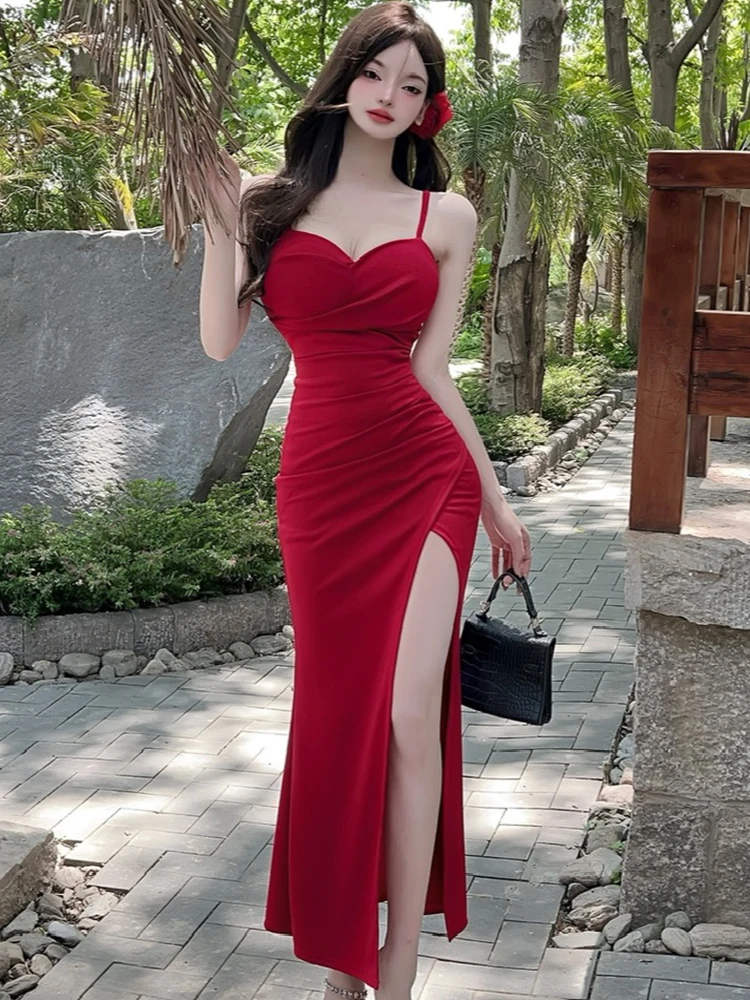 المرأة الأحمر شبكة شق مثير حبال فستان طويل الصيف الكورية خمر فستان سهرة فاخر للحفلات 2025 أنيق Bodycon فستان قطعة واحدة