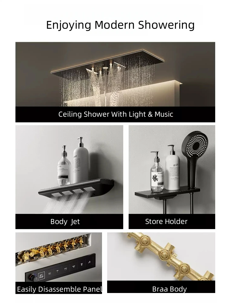 Bathroom Shower System Set Concealed Thermostatic Brass LED Digital Display Gold Embeded Gaint Ceiling Shower Rainfall For Bath