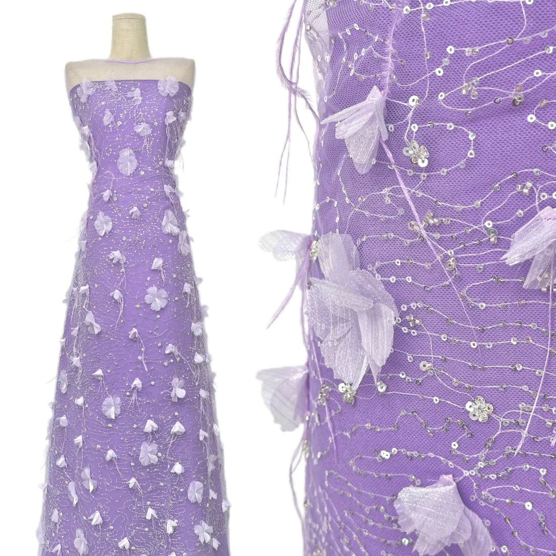 

3D Flower African French Luxury Sequins Tulle Lace High Quality Embroidery Feather Sequins Lace Groom Fabric For Party Dress