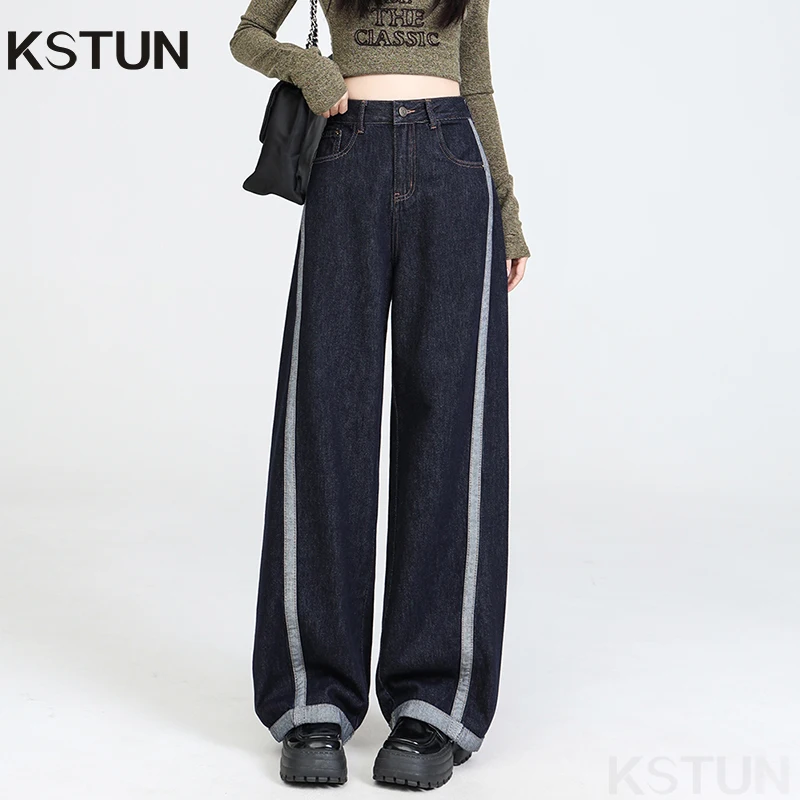 KSTUN 2026 ربيع جديد المرأة عالية الخصر واسعة الساق الجينز مستقيم قطع المرقعة الإناث الأزرق الداكن عادية الدينيم السراويل خمر