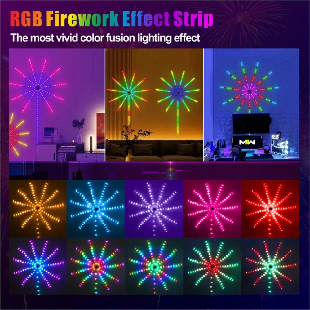 Fita de Luz Ambiente DC5V USB com Efeito de Fogos de Artifício, Módulo de LED Endereçável Individualmente, Controle Remoto, Bluetooth e Aplicativo para Música