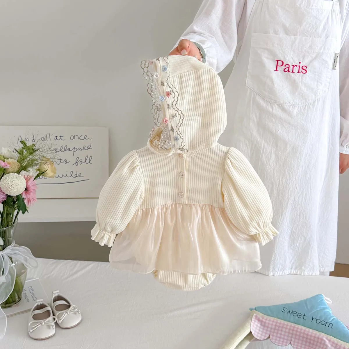 Spring and Autumn Baby Ribbed Lace Embroidered Trim Triangle Dress with Puff Sleeves and Mesh Patchwork + Embroidered Hat, Sweet Spring and Autumn Outing Dress for Baby Girls