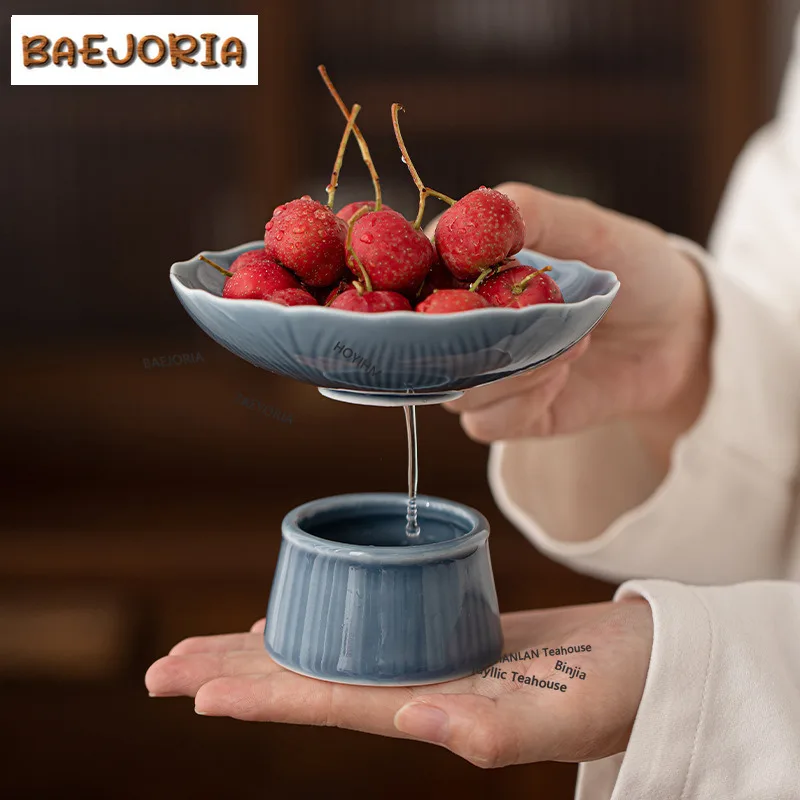 BAEJORIA Creative Lotus Seedpod Draining Fruit Dish High Foot Ceramic Dim Sum Cooking Self-help Display Dry Dessert Candy Plate